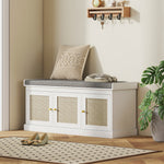 Shoe Storage Bench With Rattan Doors, Cushion, Entryway Shoe Bench