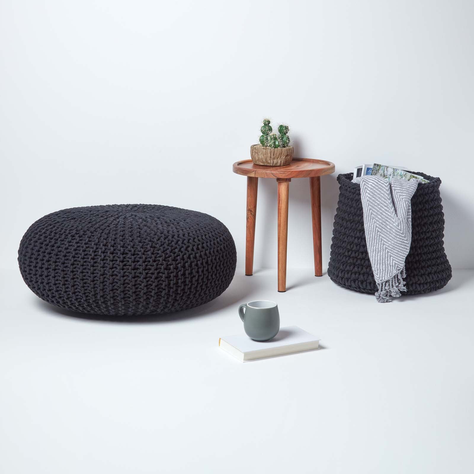 HOMESCAPES Black Large Round Cotton Knitted Pouffe Footstool
