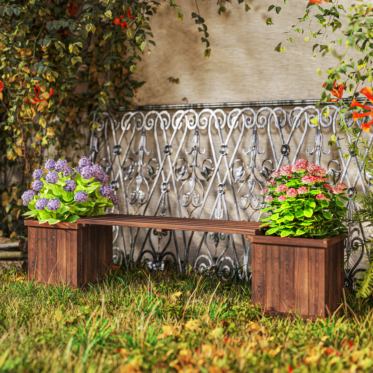 Outsunny Wooden Garden Planter & Bench Combination Garden Raised Bed