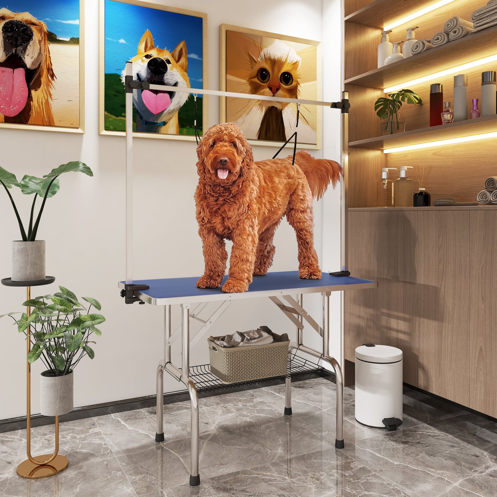 Metal Adjustable Dog Grooming Table Rubber Top 2 Safety Slings Mesh | Blue