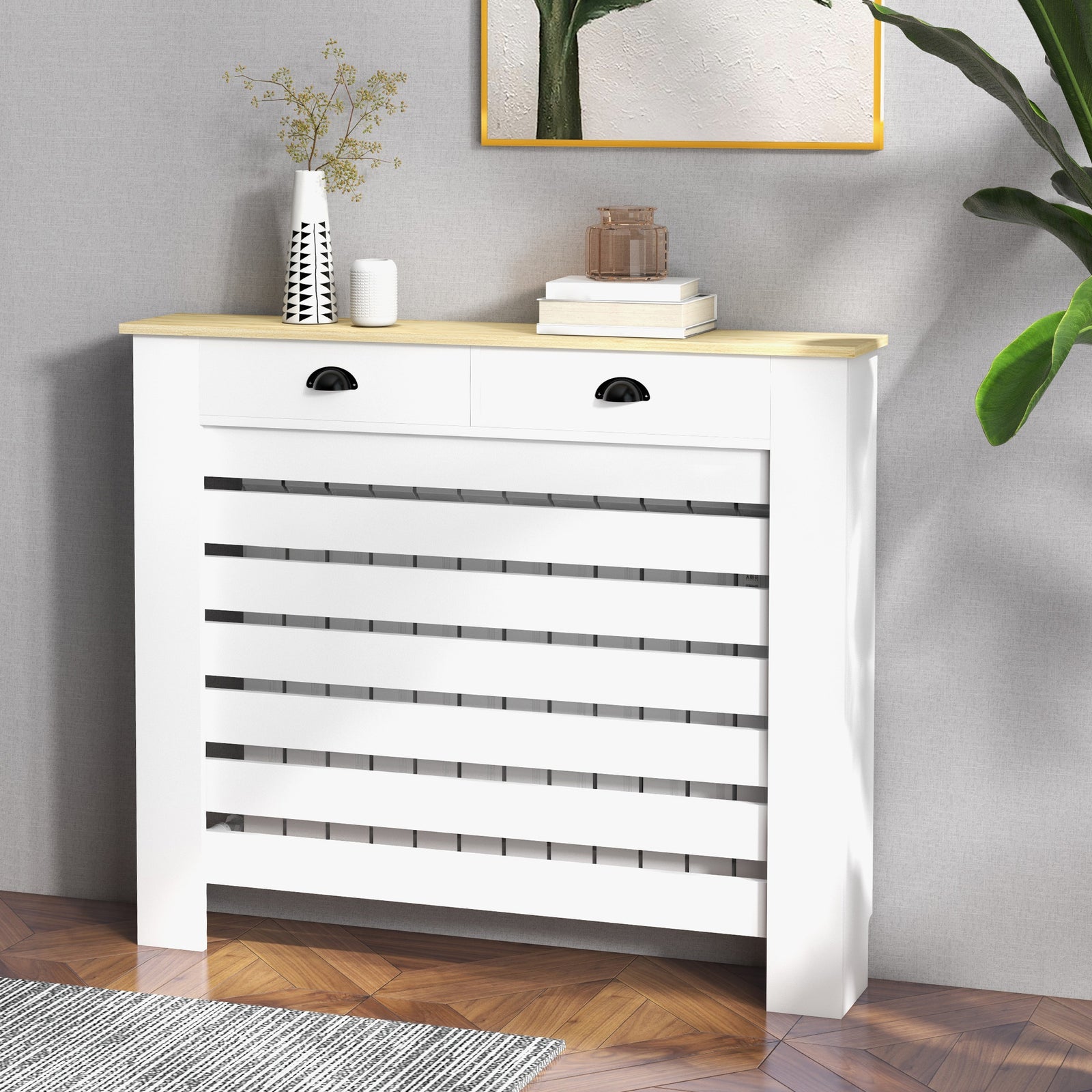 Radiator Cover With Drawer, Horizontal Slat | 111cm | White