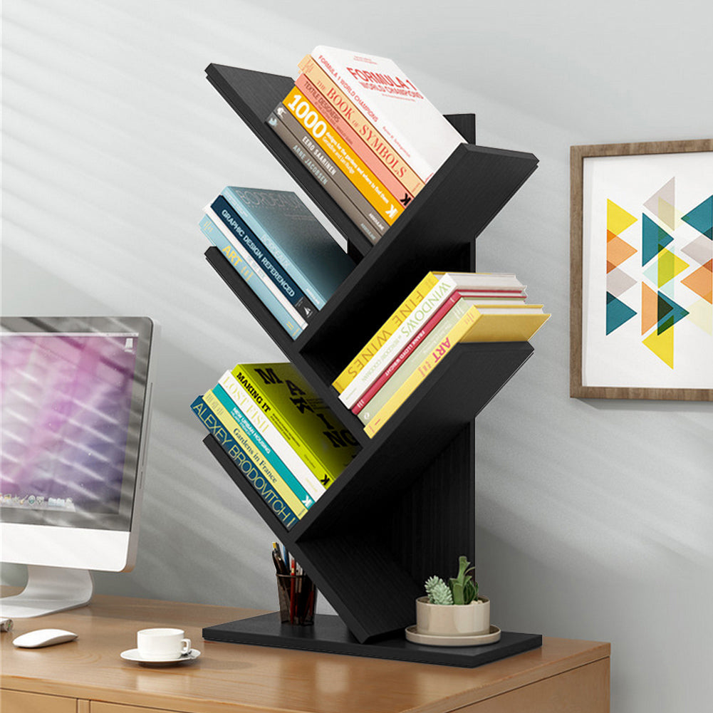 Rustic Standing Tree Bookshelf Wood Display Rack | Black