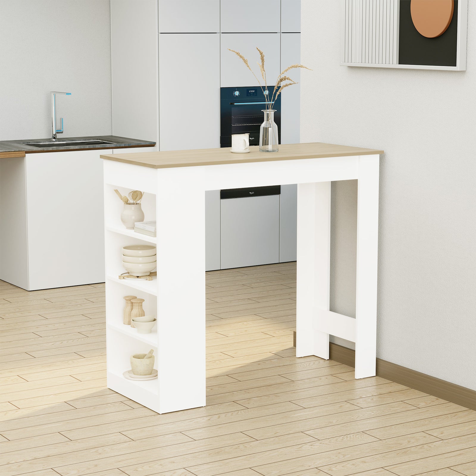 Table Kitchen Dining Table W/ 3-tier Storage Shelf | Beige