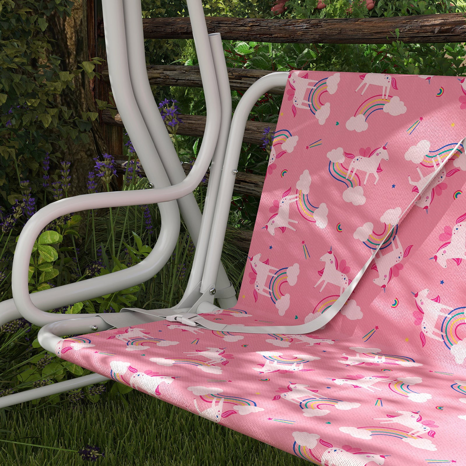Kids 2-seater Porch Swing With Seat Belts, Adjustable Canopy Pink