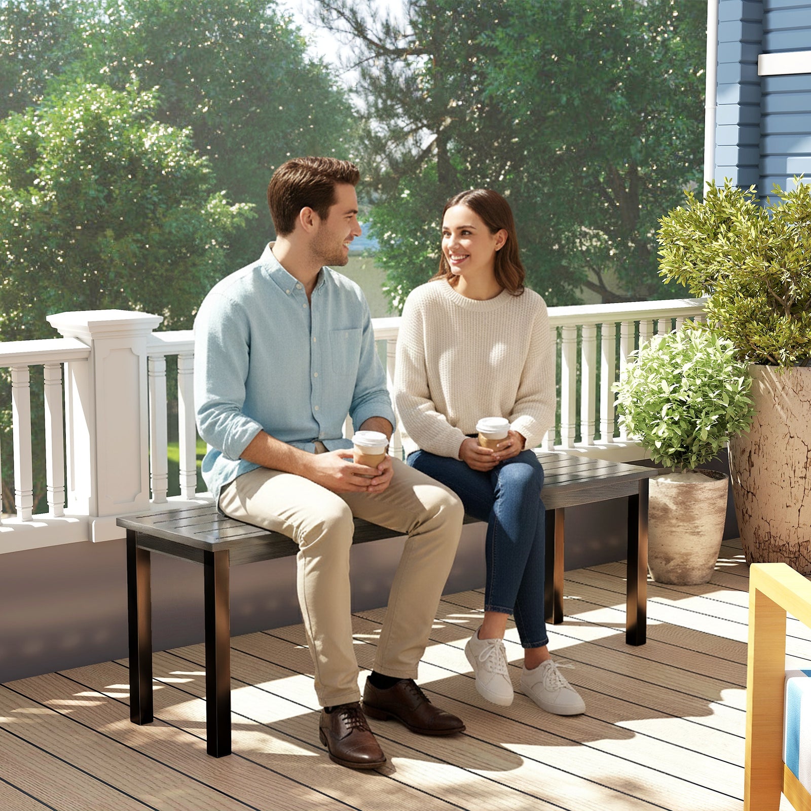 Outsunny Metal Garden Bench Loveseat With Wood-effect Slatted Seat, Grey