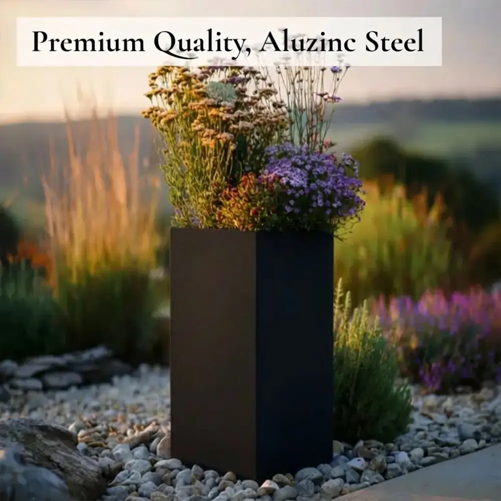 Zinc Galvanised Tall Square Planter | 40cm x 40cm x 100cm | Matte Black