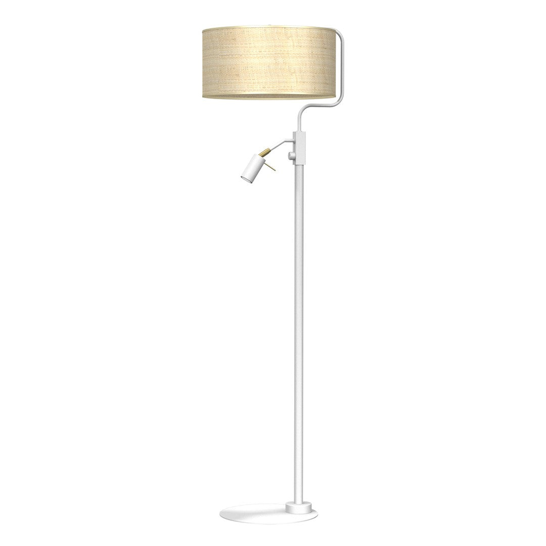 Marshall Hand Made Designer Floor Lamp In Matt White Metal And Natural Rattan Coloured Fabric