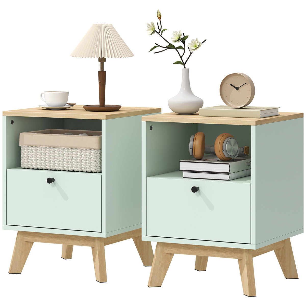 HOMCOM Modern Nightstand Set Of 2, Bedside Table With Drawer And Open Shelf