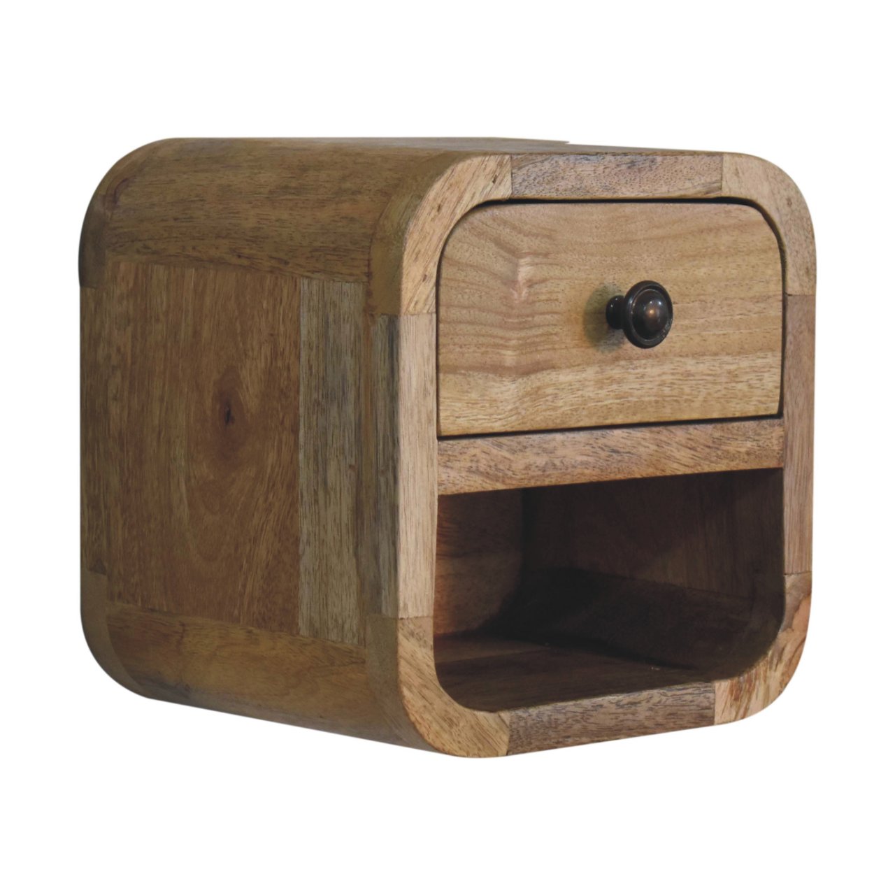 Solid Wood Extra Mini Curved Oak-ish Bedside With Open Slot