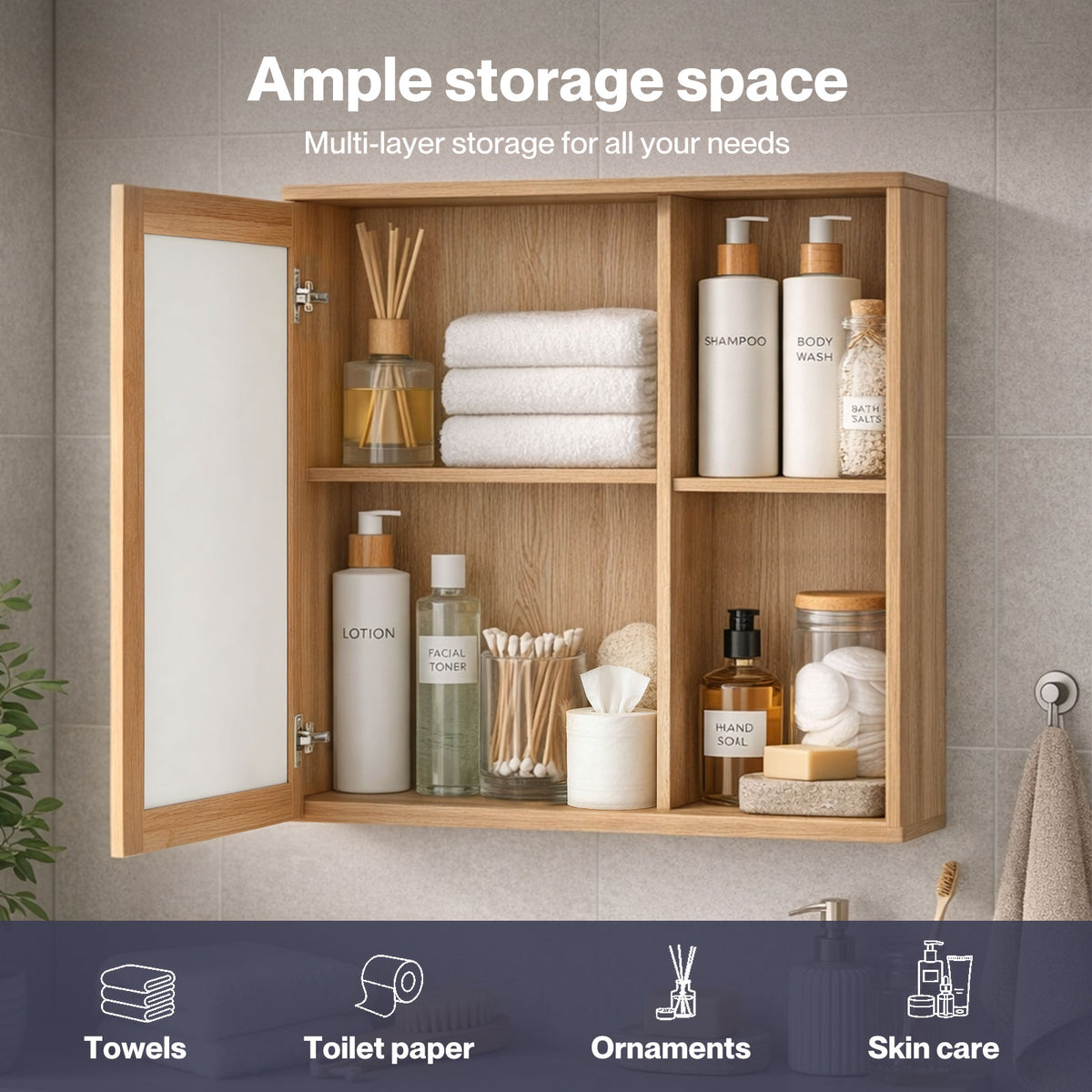 Bathroom Mirror Cabinet Wall Mounted Cupboard With Storage Shelf | Oak