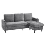 Grey Chenille 3-seater Sofa With Ottoman – Metal Rivets, Cup Holders & Side Pockets, Wooden & Iron Frame