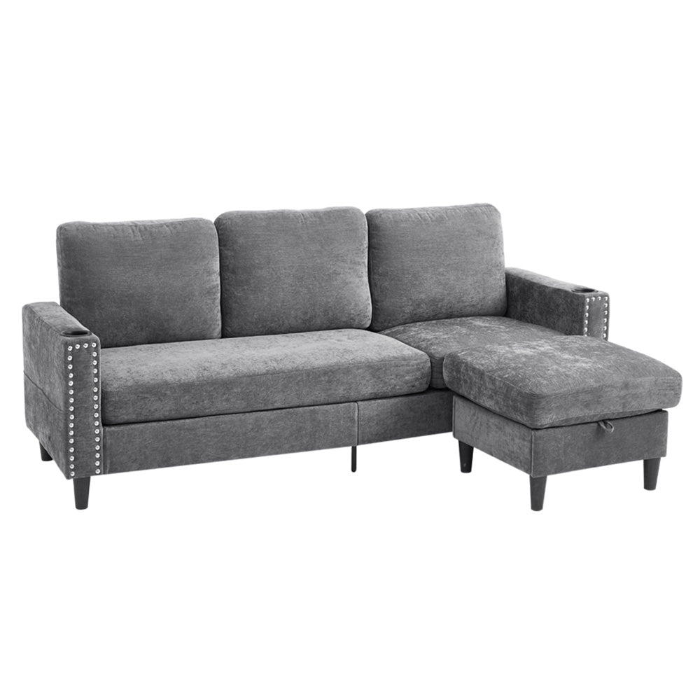 Grey Chenille 3-seater Sofa With Ottoman – Metal Rivets, Cup Holders & Side Pockets, Wooden & Iron Frame