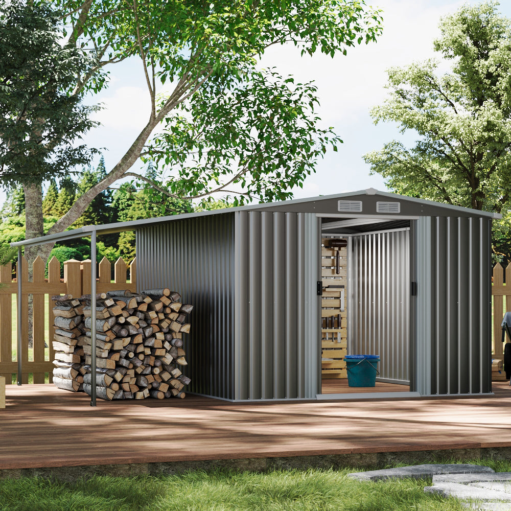 10x8ft Garden Shed Galvanised Steel Construction With Extended Firewood Roof Ample Storage Space