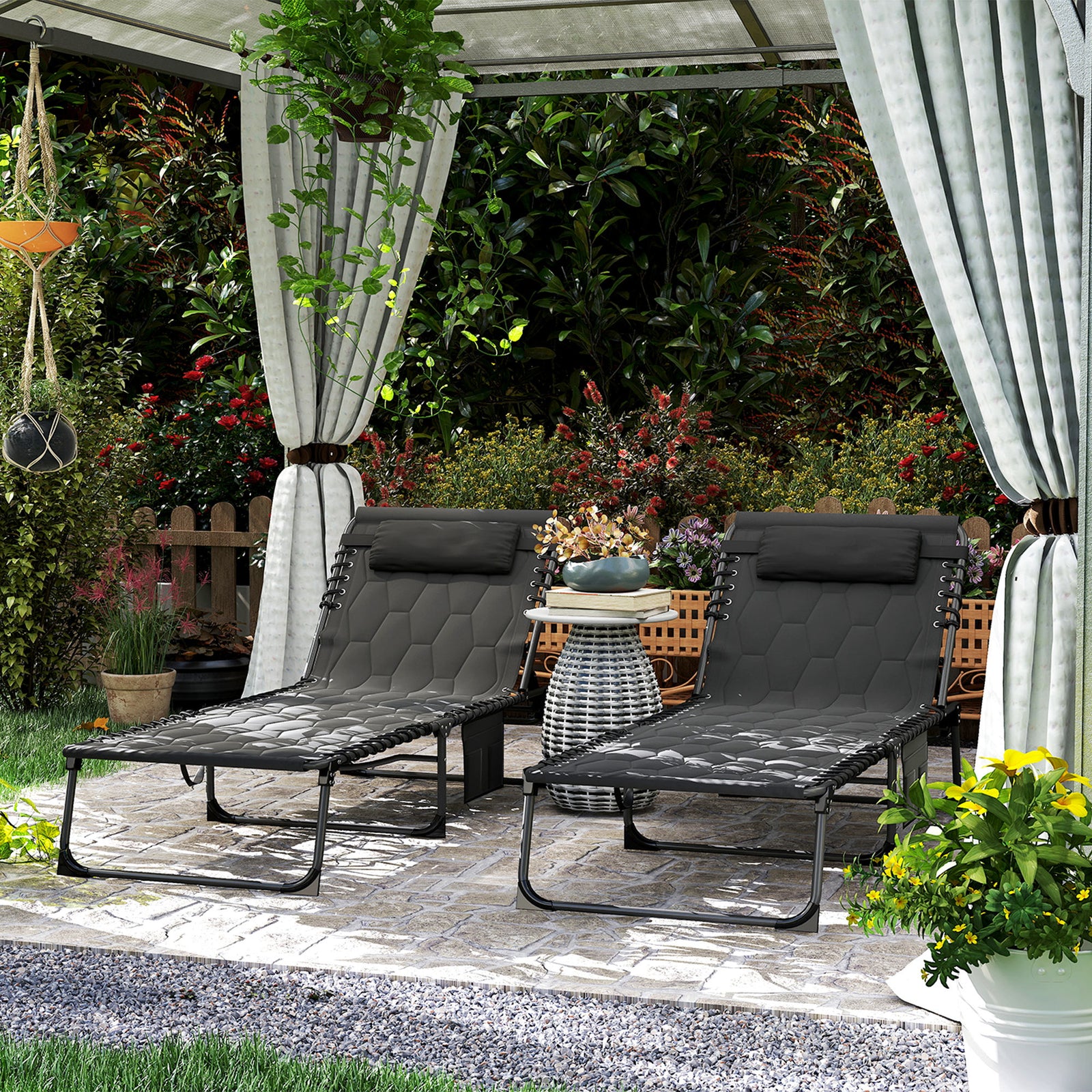 2 Pieces Foldable Sun Lounger Set With Padded Seat, Black