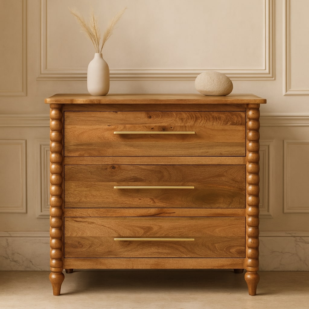 Spindle 3-drawer Chest – Solid Wood, Light Brown Finish
