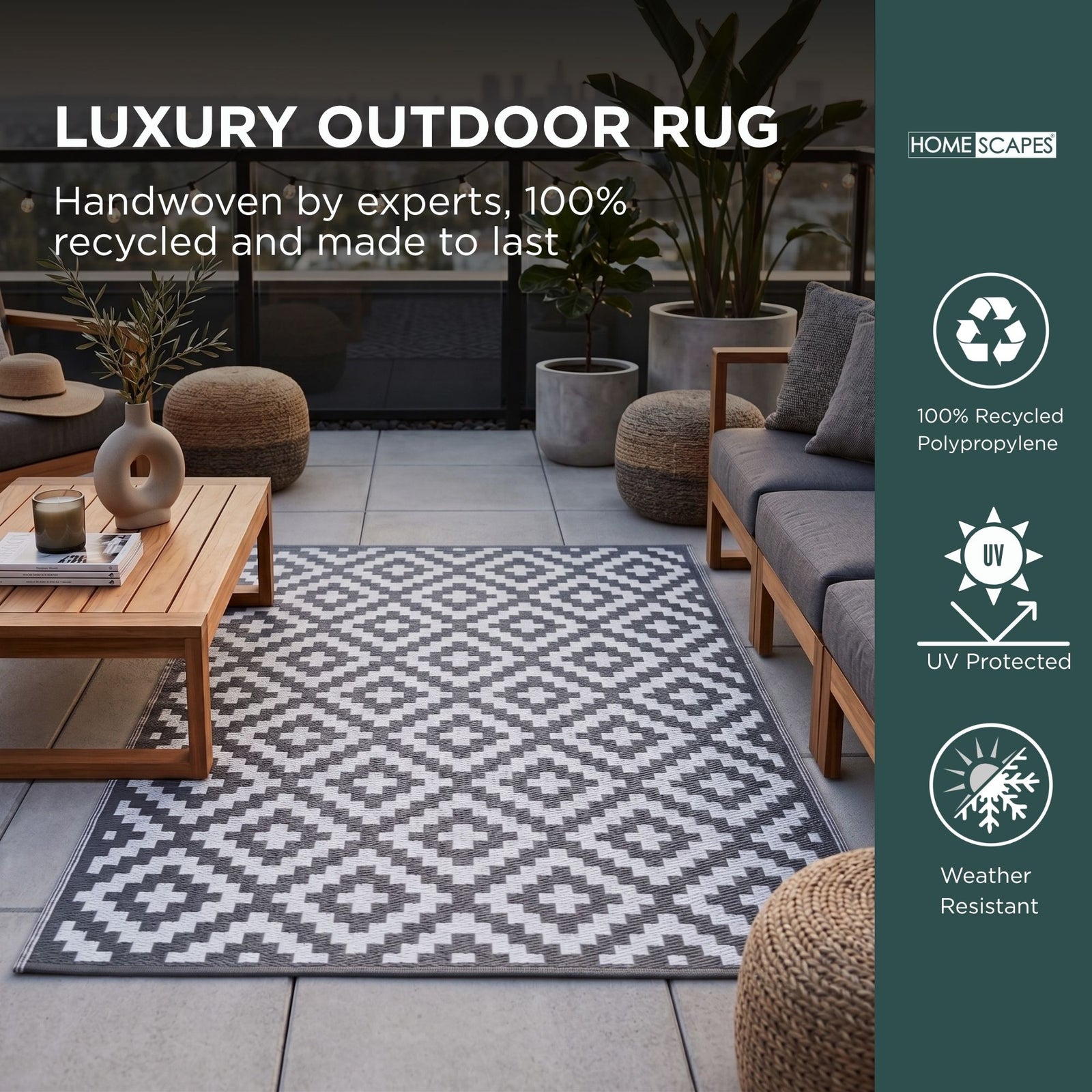 Luxury Outdoor Rug Waterproof Reversible For Garden Patio 100% Recycled, Grey Zoe Geometric | 180cm x 270cm | Grey