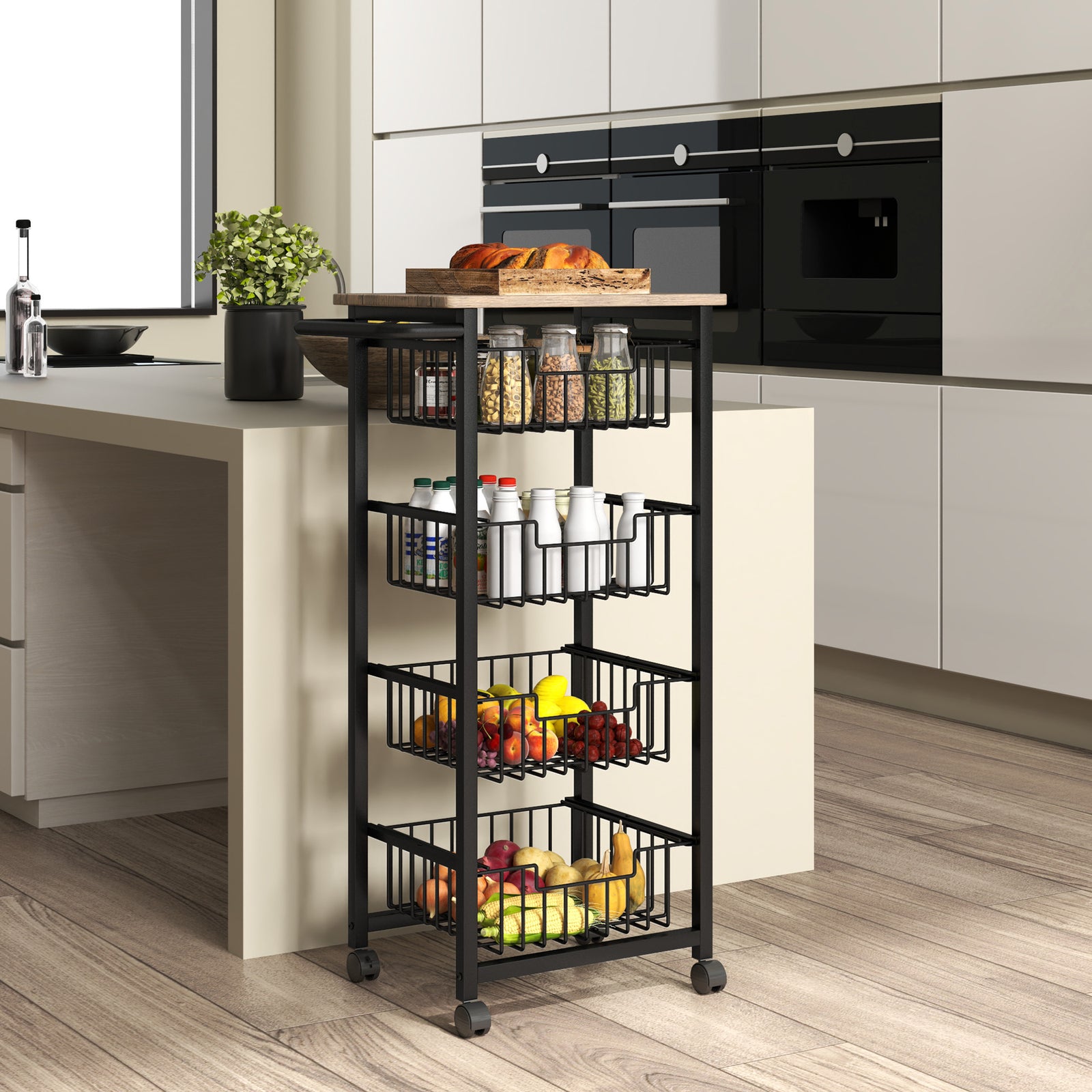 4-tier Kitchen Island On Wheels With 4 Pull-out Baskets, Oak