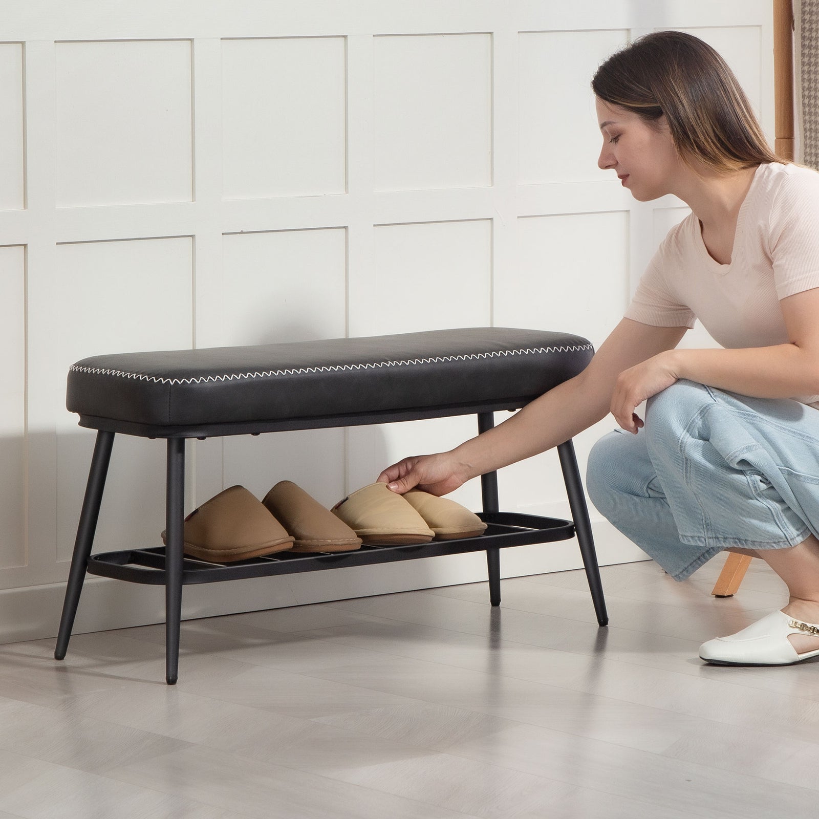 Shoe Bench, Pu Leather Shoe Storage Bench For Entryway | Charcoal Grey