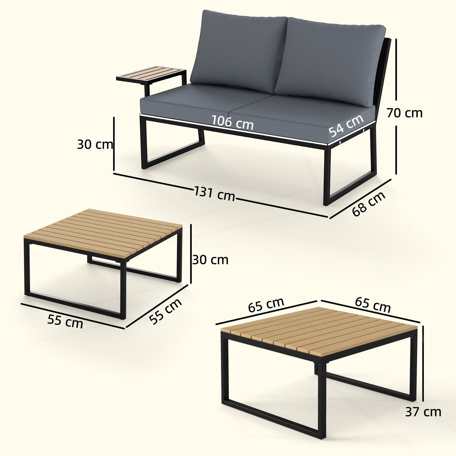 4 Seater Metal Garden Furniture Sofa Set, Nesting Tables, Teak