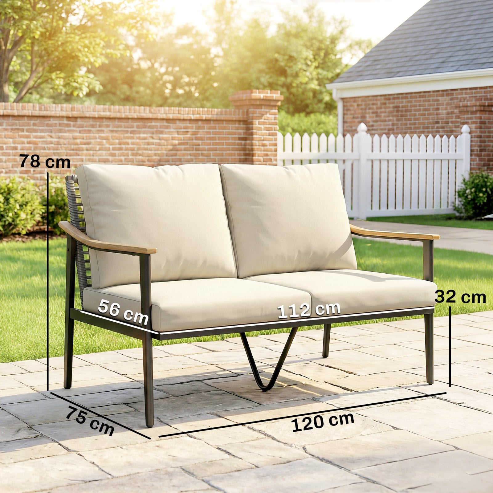 2 Seater Rattan Garden Sofa With Wood-effect Arms, Cushions, Khaki