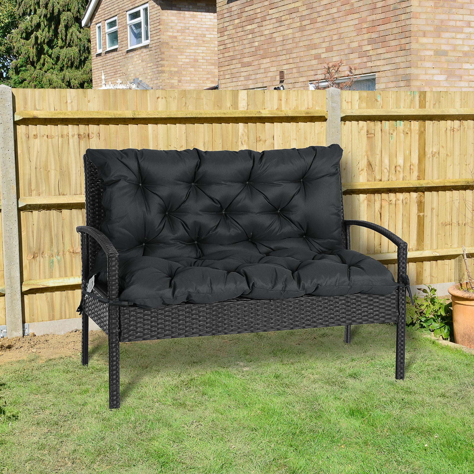 2 Seater Garden Bench Cushion Outdoor Seat Pad With Ties | Jet Black