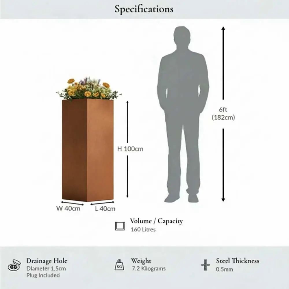 Zinc Galvanised Tall Square Planter | 40cm x 40cm x 100cm | Copper