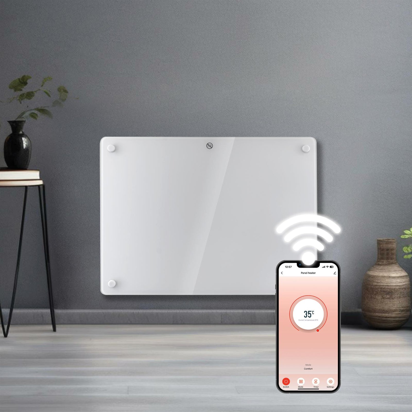 Electric Wifi Glass Radiator Panel Heater White Wall Mounted Or Floor Standing Bathroom Safe Timer And Thermostat | 1000w | White