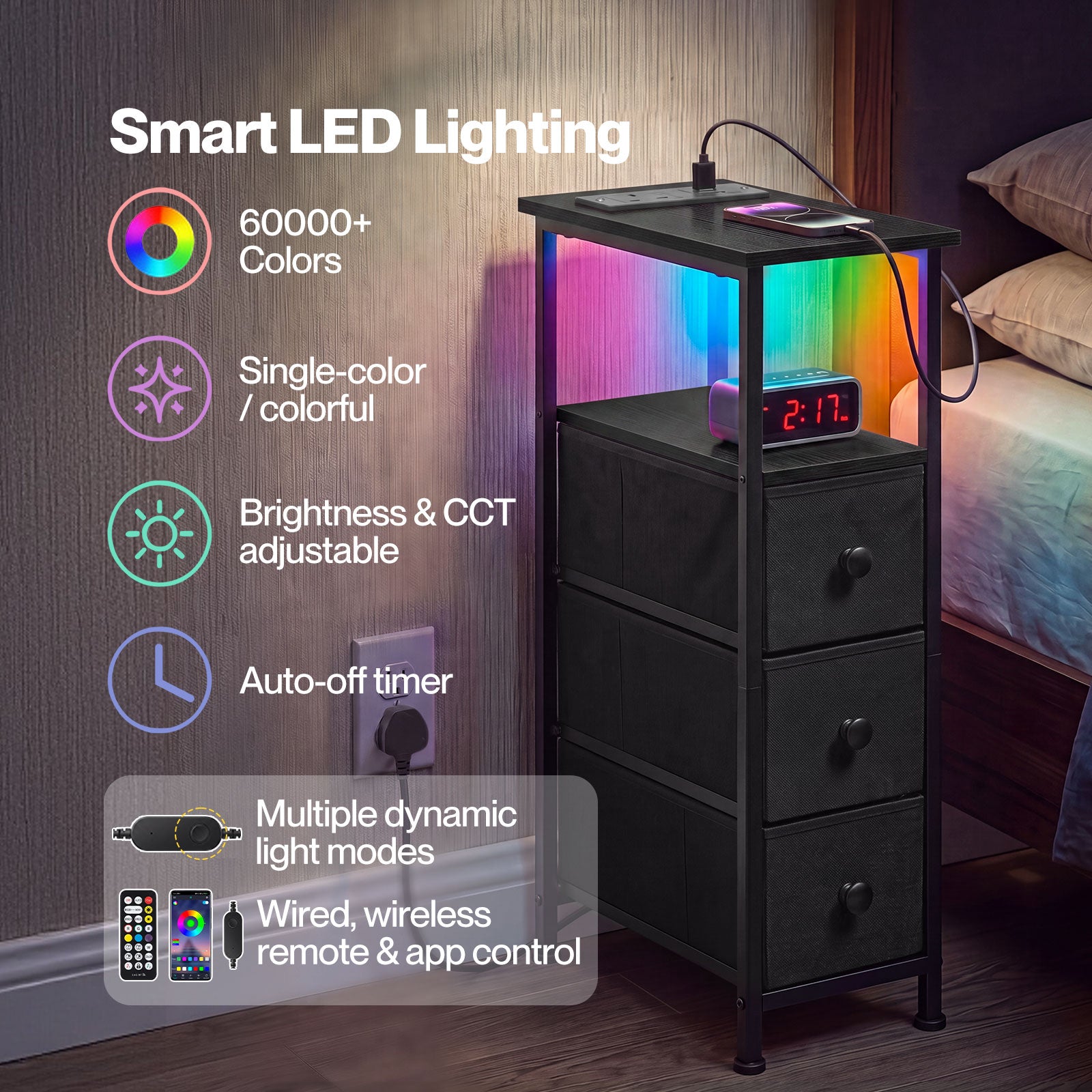 Slim Bedside Table With Charging Station 3 Drawers For Bedroom Black | Black