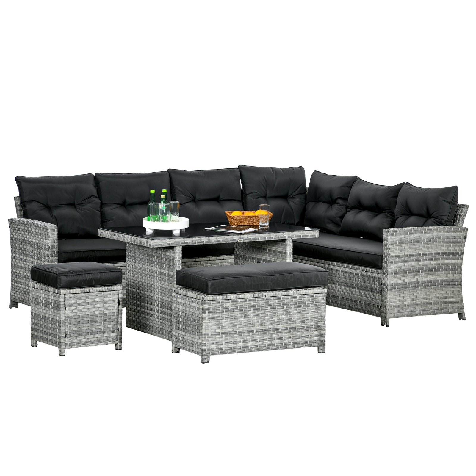 5 Pieces Rattan Set W/ Sofa, Table, Stools, Cushions