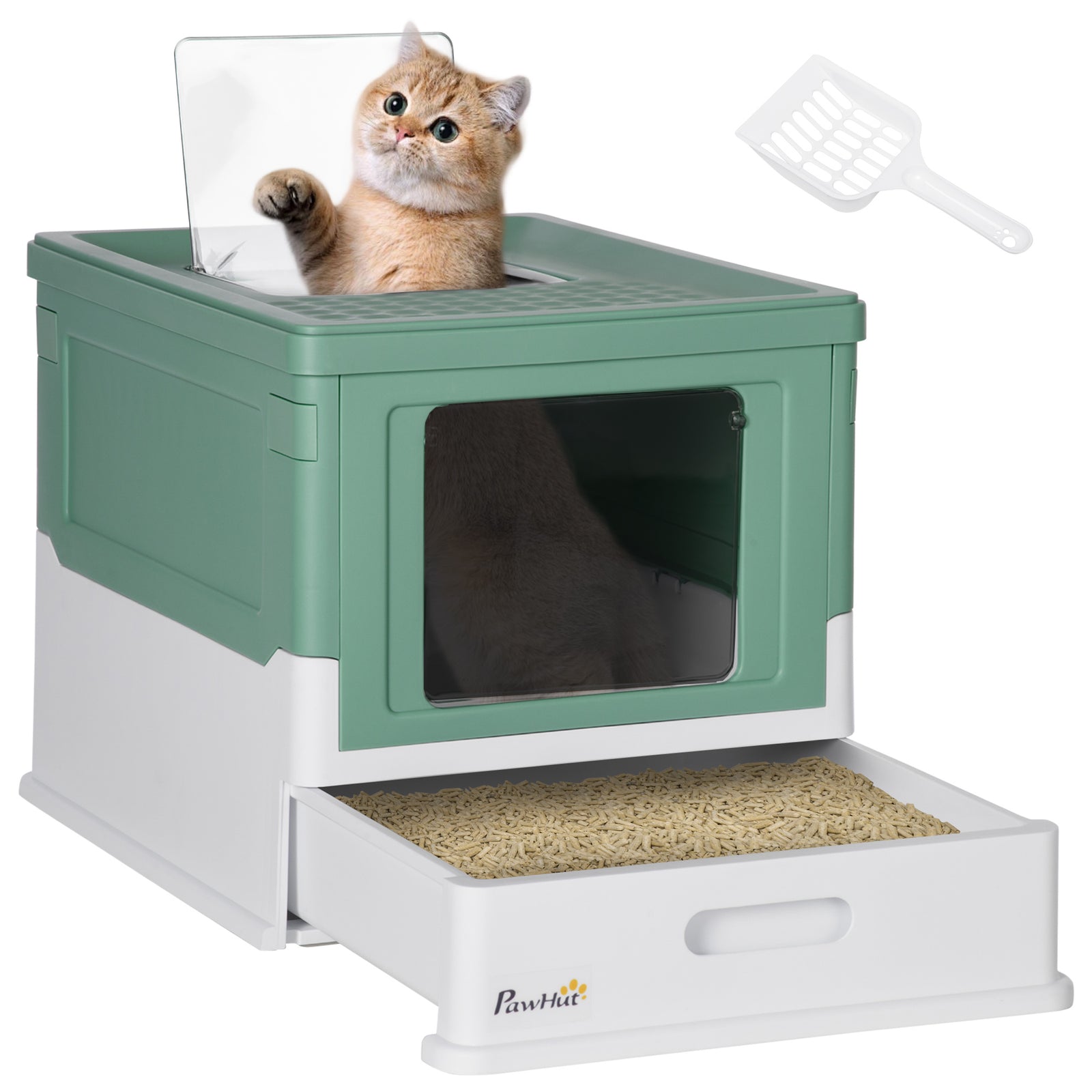 Hooded Cat Litter Box W/ Tray, Scoop, Front Entry | Green