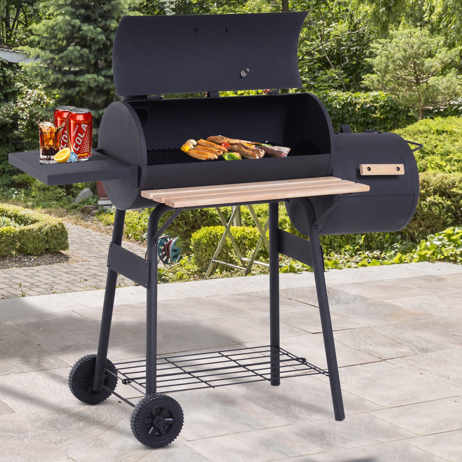 Charcoal Grill With Offset Smoker, Trolley | Black