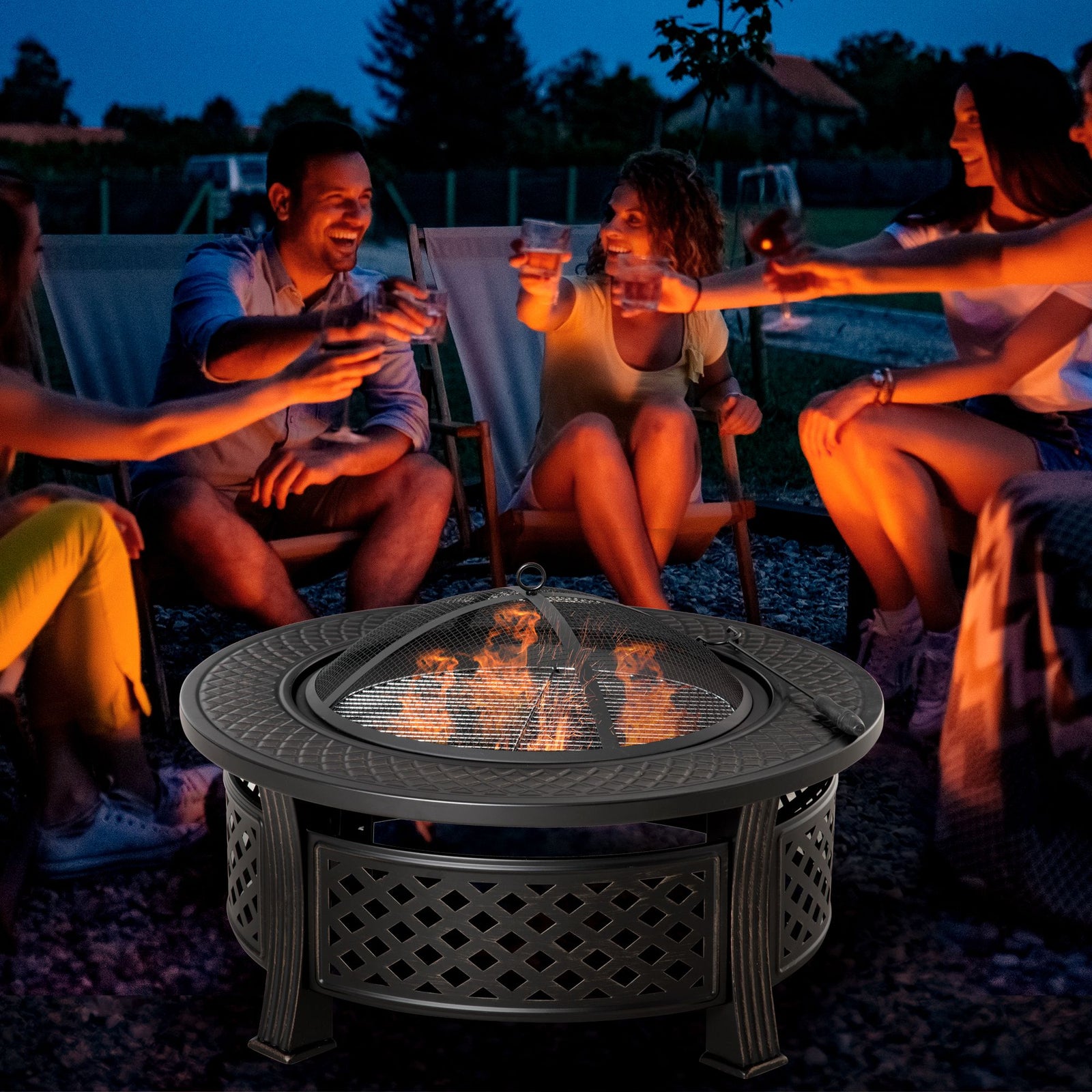 Outsunny Outdoor Fire Pit,round Firepit With Grill Net,mesh Lid,bronze Tone
