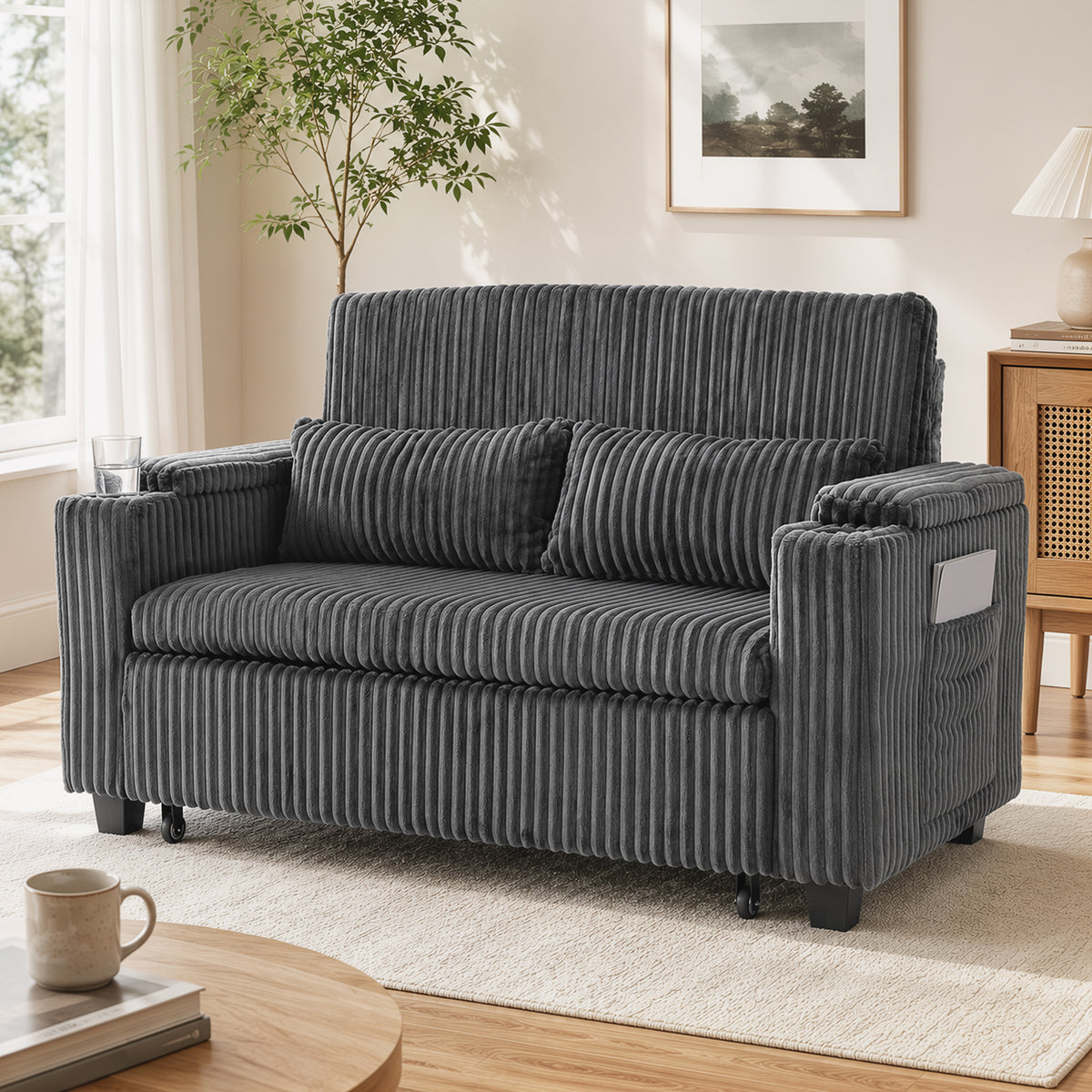 2 Seater Sofa Bed, 3-in-1 Corduroy Pull Out Sleeper Sofa | Dark Grey