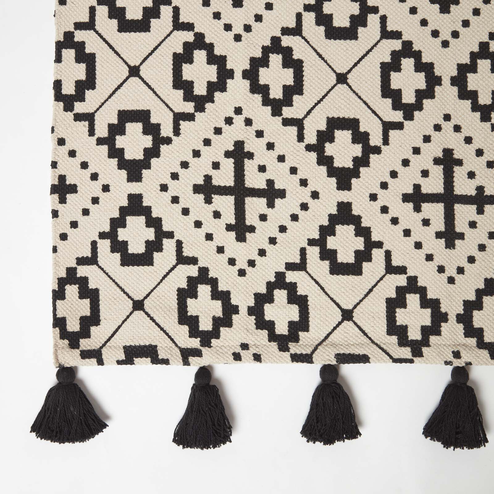 Reva Black & White Cotton Geometric Rug | 150cm x 95cm | Black & White