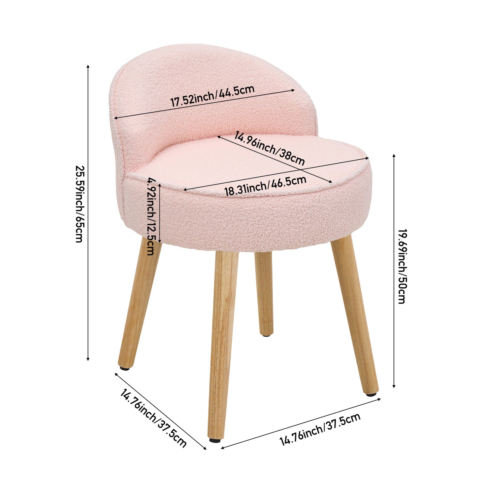 Teddy Fleece Dressing Table Stool With Rubberwood Legs | Pink