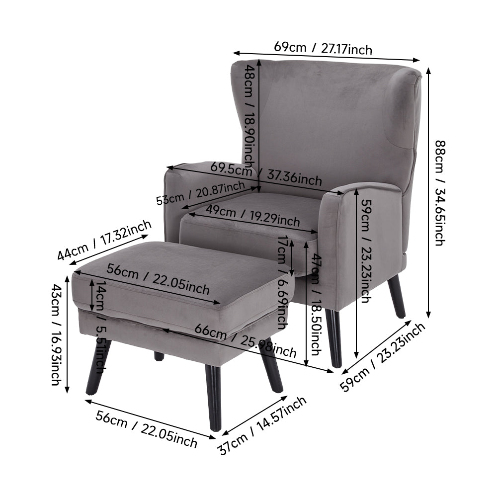 Velvet Upholstered Leisure Chair With Footstool – Accent Armchair With Wooden Frame | Grey