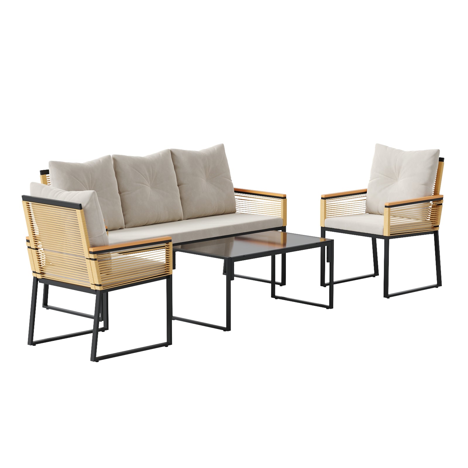 Breeins 4-piece Pe Rattan Garden Furniture Set, Outdoor Patio Conversation Set With 3-seater Sofa, 2 Armchairs, Glass Coffee Table & Cushions, Weather-resistant Wicker Seating For Garden, Backyard & Patio