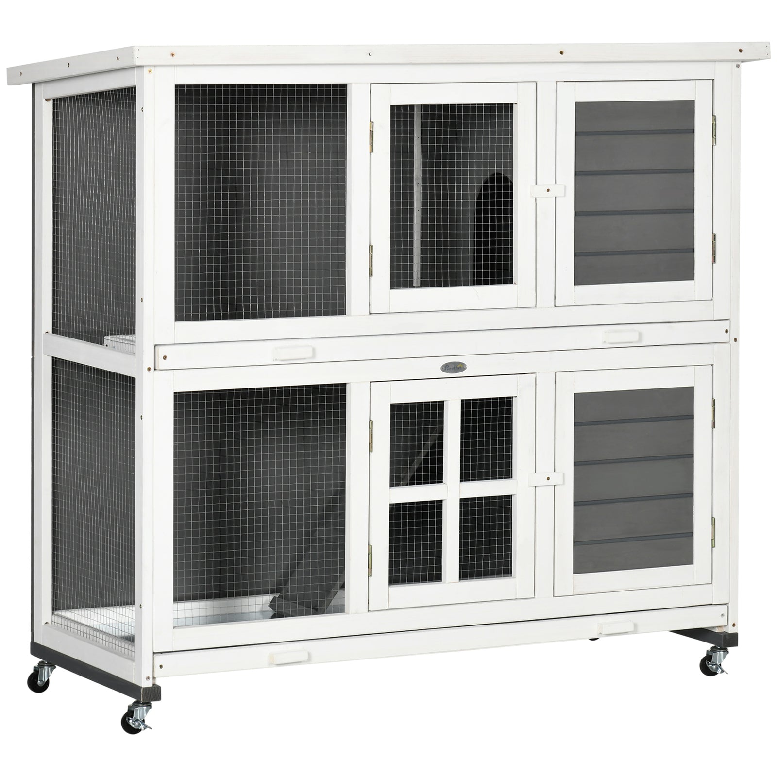 Wooden Rabbit Hutch, Small Animal House W/ Wheels, Removable Tray, Grey