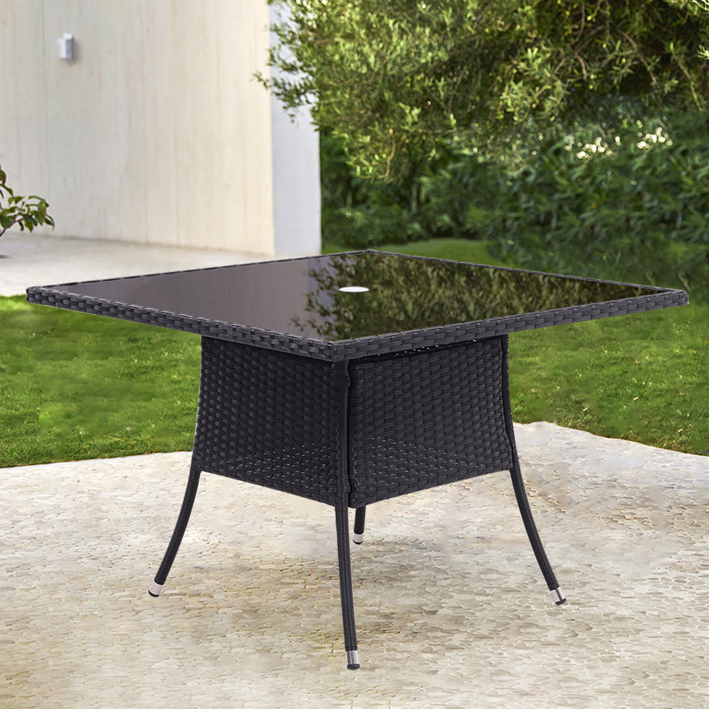 Square Garden Wicker Tempered Glass Table With Parasol Hole - 105cm X 72cm H | One Size | Black