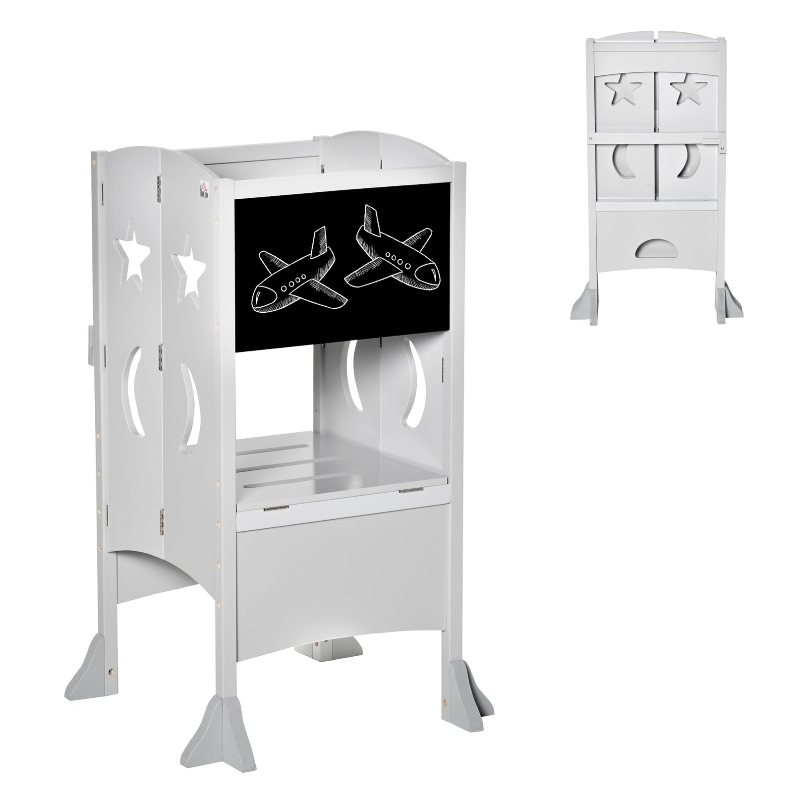 Kids Step Stool Toddler Kitchen Stool With Blackboard Lockable Handrail | Grey