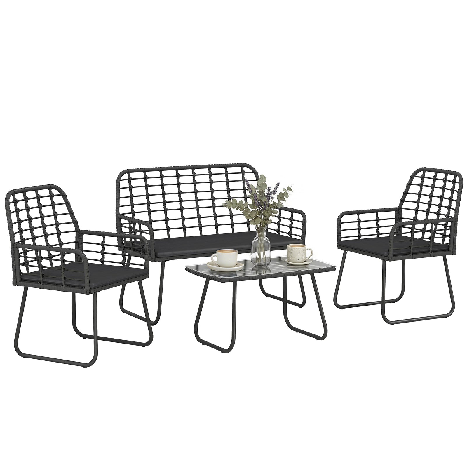 Rattan Garden Furniture Set, 4 Piece Outdoor Patio Furniture | Black
