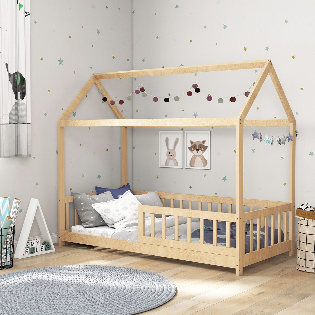 House-shaped Kids Bed Frame With Guard Rails For Boys Girls | Yellow