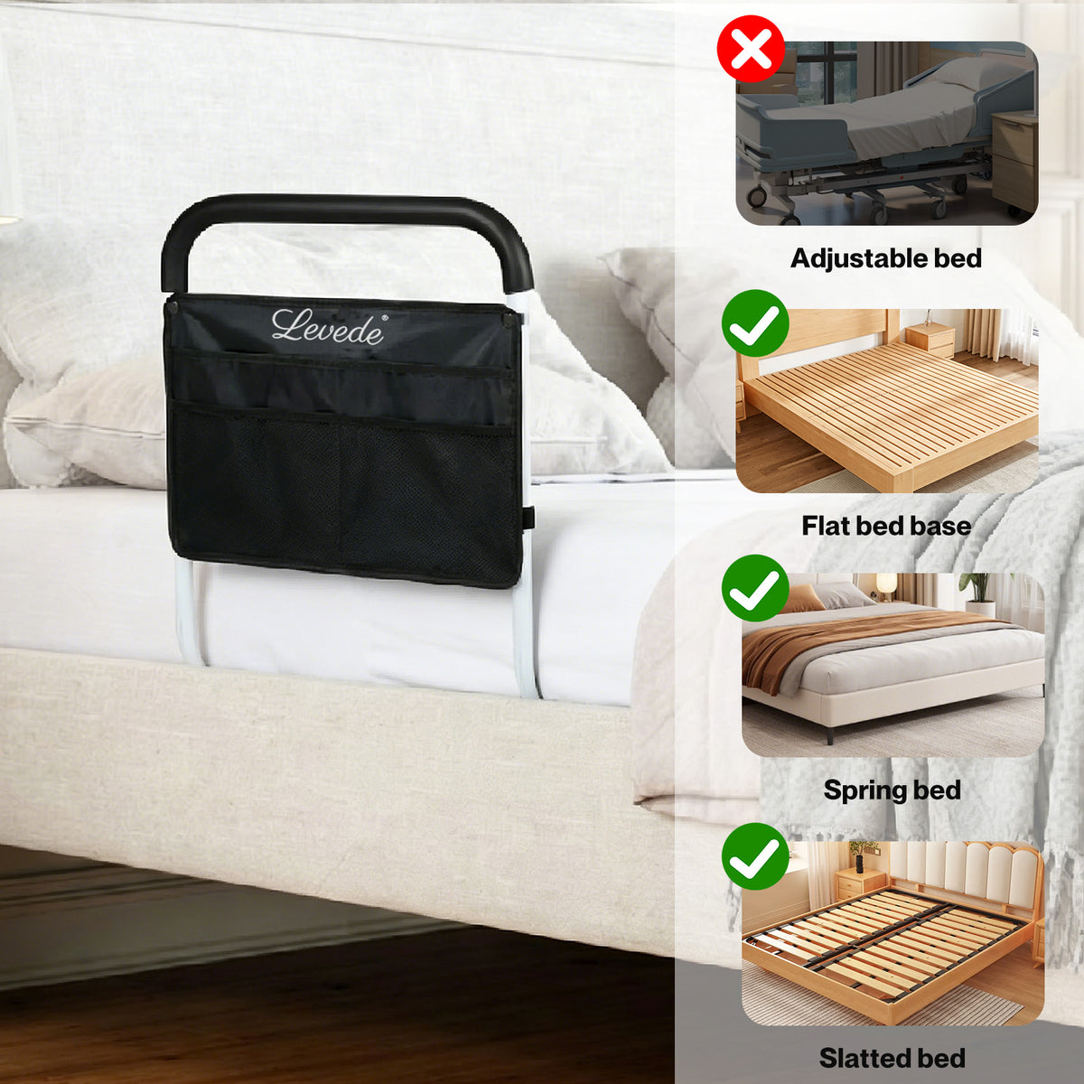 Bed Rails Adjustable Storage Pocket Assist Support Side Railings | White & Black