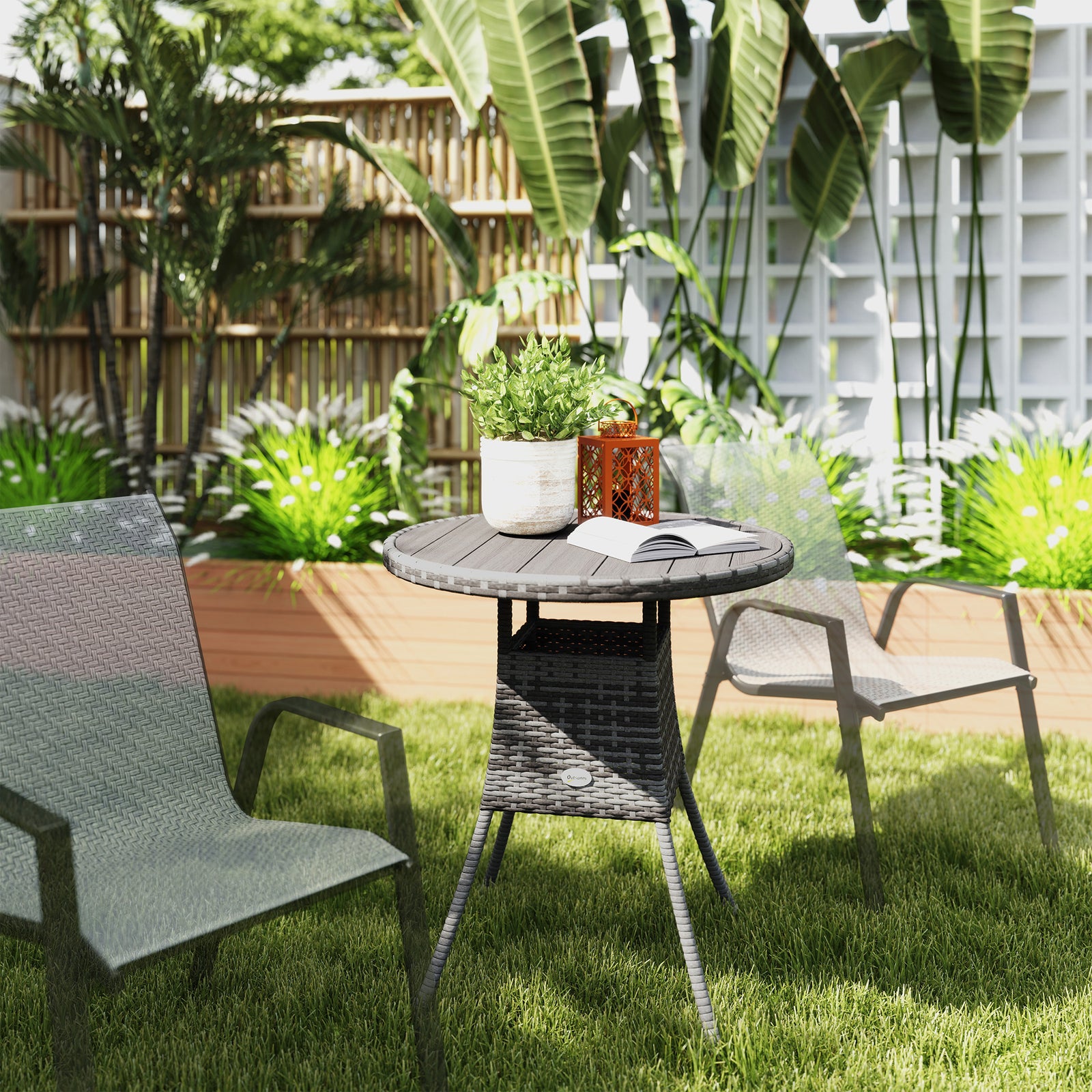 70cm Outdoor Rattan Dining Table W/ Wood-composite Top