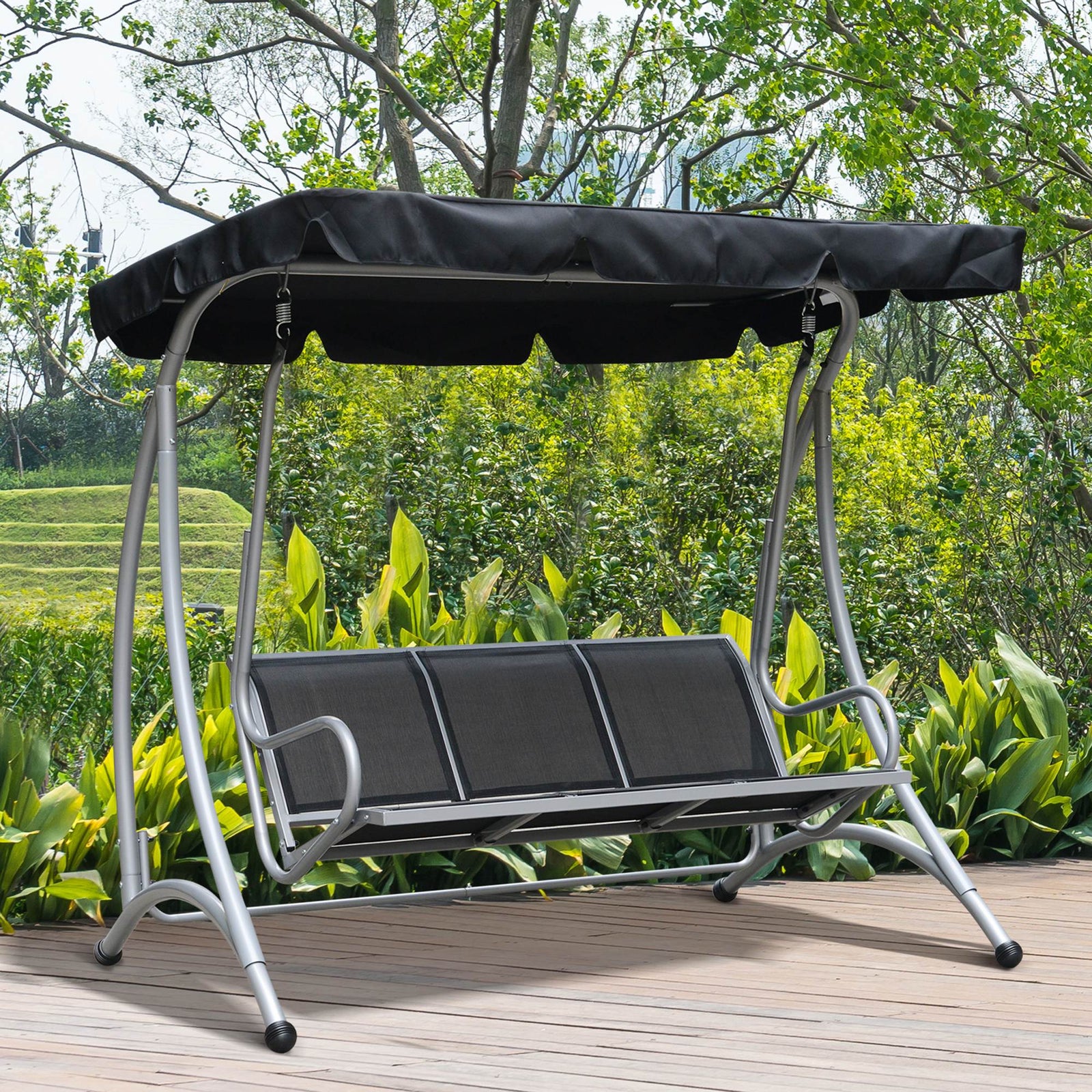 3 Seat Metal Fabric Backyard Balcony Patio Swing Chair | Black