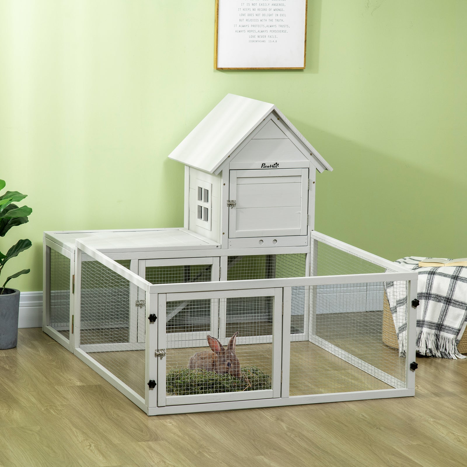 5ft Rabbit Hutch With Run Wooden Large Guinea Pig Cage For Indoor, Grey