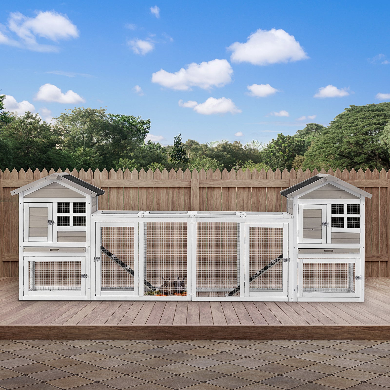 2-in-1 Rabbit Hutch W/ Double House, Run Box, Slide-out Tray, Ramp