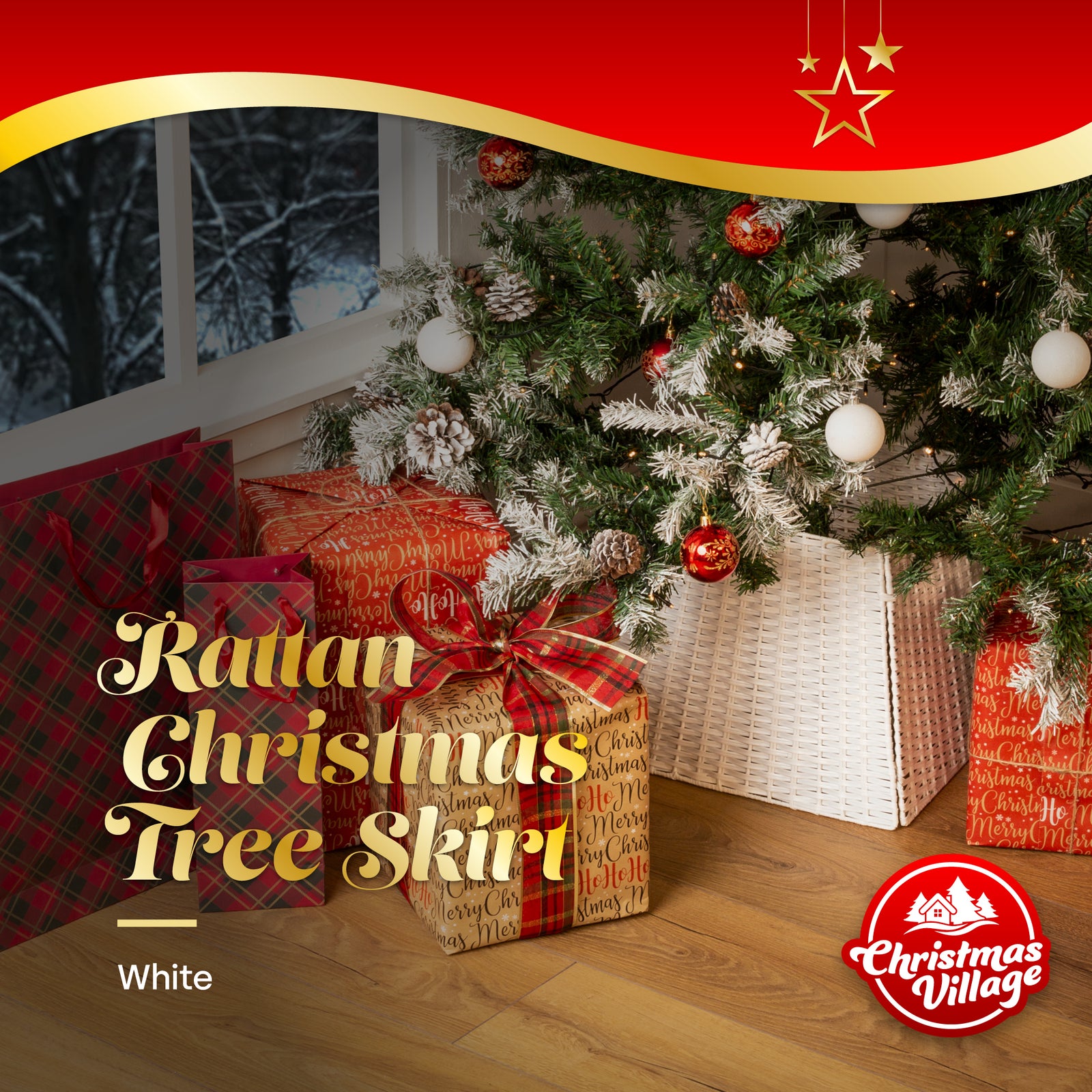 Rattan Christmas Tree Skirt Foldable Basket Decoration | White