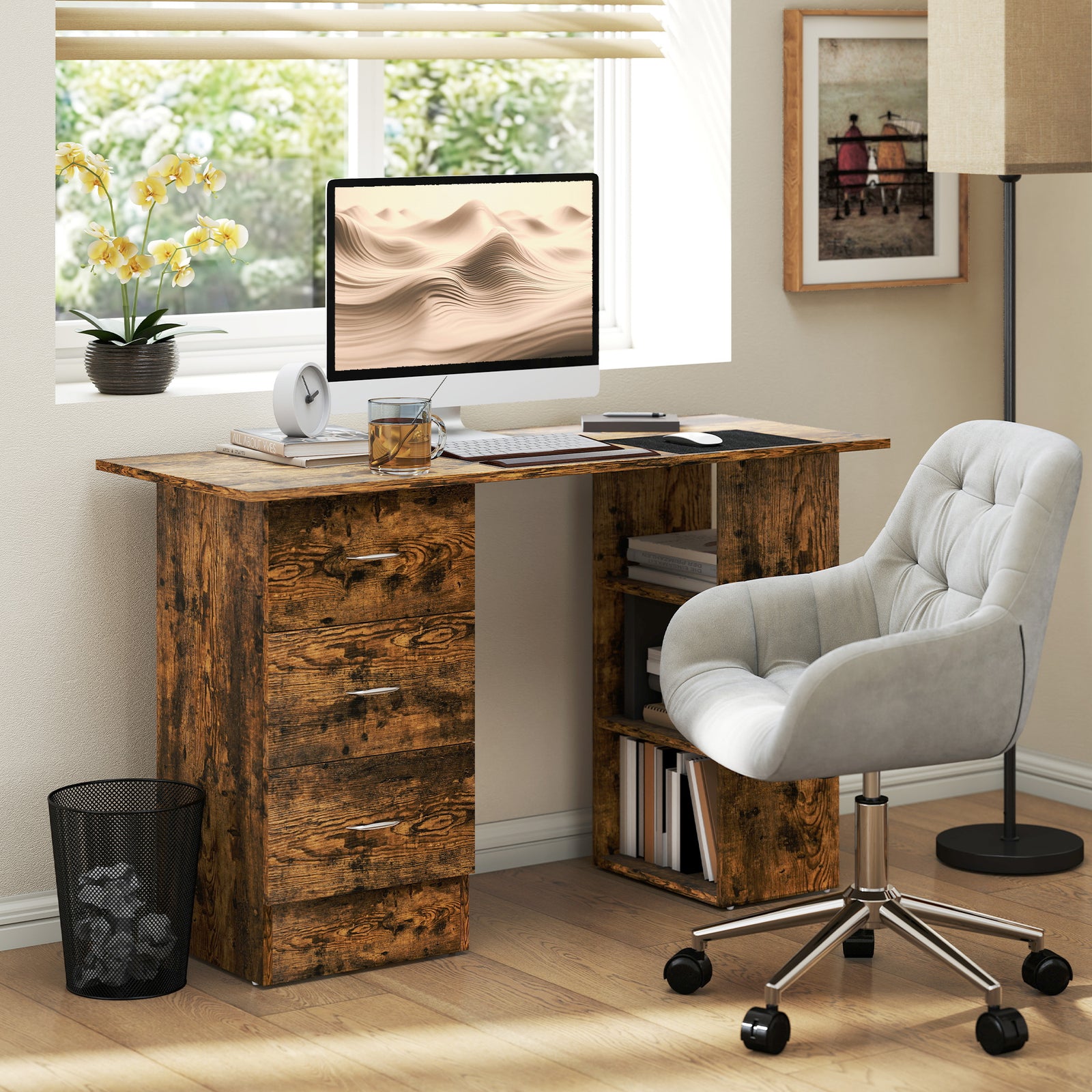 120cm Computer Desk, Study Table With 3 Shelf & Drawers | Brown