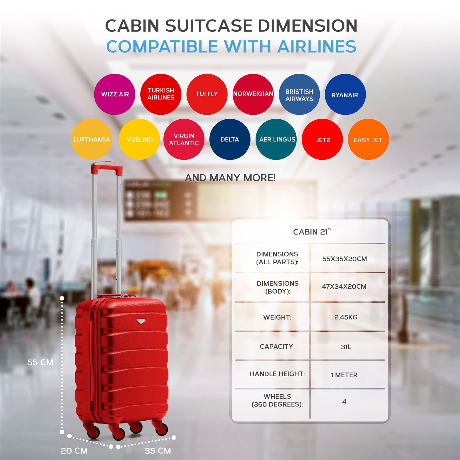 55x35x20cm Cabin Carry On Suitcase Hard Shell Overhead Luggage 100+ Airlines Approved | Cabin | Red